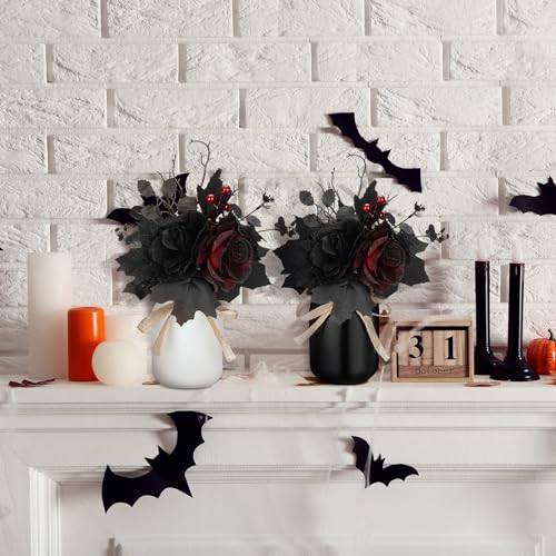 Halloween Mason Jar Decor Set with Artificial Black and Red Flowers - Centerpieces for Home and Party