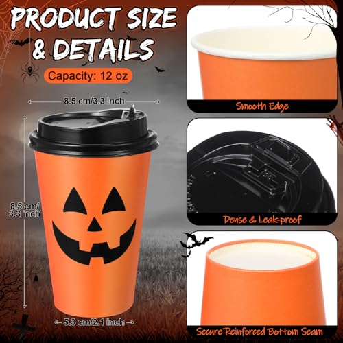 Halloween Paper Cups with Lids 12oz Pumpkin Face Print - 100 Pack