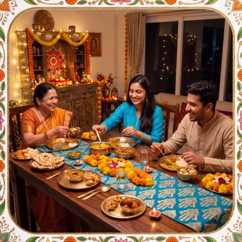 Diwali Themed Linen Table Runner Set - 4 Piece Indian Celebration Decor