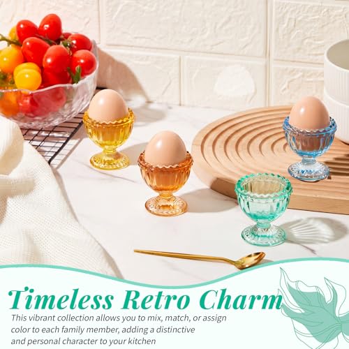 Glass Egg Cups Set of 4 - Colorful Retro Egg Holders for Breakfast - 4 Color Variation