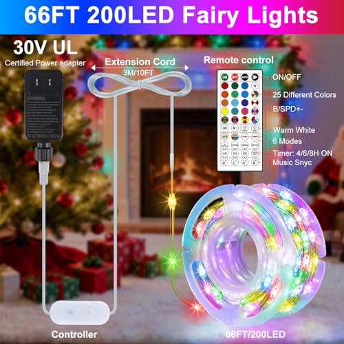 Smart 66FT RGB & Warm White LED String Lights with APP & Remote Control - Music Sync & Timer