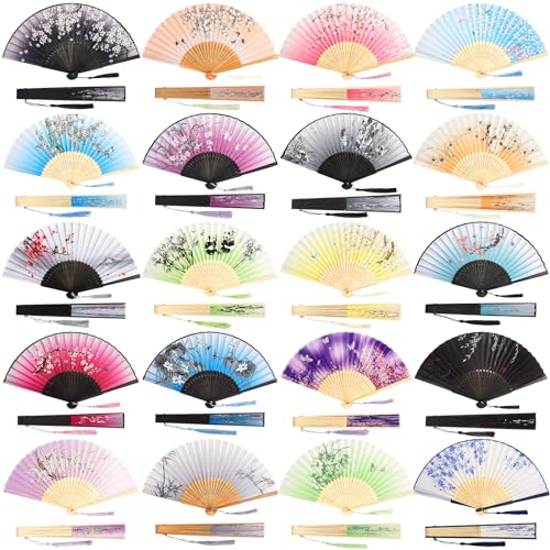 Japanese Folding Fans Set - 20 Hand Fans with Tassels & Floral Patterns - Fresh Style