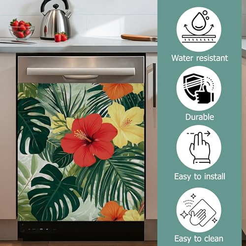 Tropical Flowers Magnetic Dishwasher Cover - Summer Palm Leaves Refrigerator Decor 23x26 Inch - Variation of This Listing
