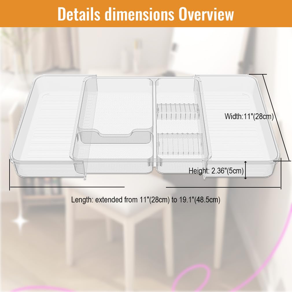 Wi4you Expandable Drawer Organizer Tray from 11” to 19.1”, Adjustable Silverware in Drawer Holder, Clear Plastic Drawer Storage with Sliding Dividers for Utensil, Cosmetics, Toiletries, Offices