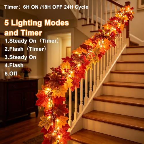 Fall Garland with Lights - 11.8ft Maple Leaf Wreath for Autumn Decor