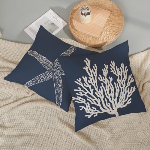 Navy Blue Starfish Coral Linen Pillow Covers 24x24 Inch Set of 2 - Coastal Nautical Decor