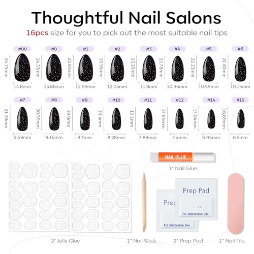 Modelones Black Glitter Press-On Nails Short Almond 32Pcs - Variation A7-Black