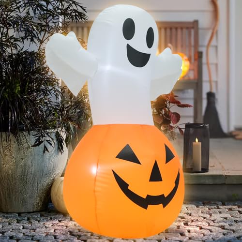 4FT White Ghost Pumpkin Inflatable Halloween Decoration with LED Lights - Trick or Treat