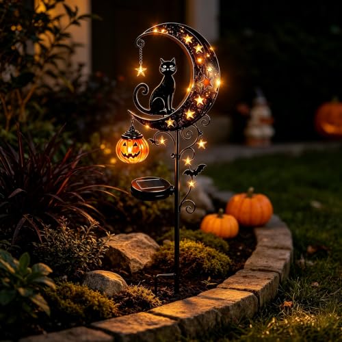 Solar Halloween Garden Stake Light with Black Cat and Pumpkin Lantern