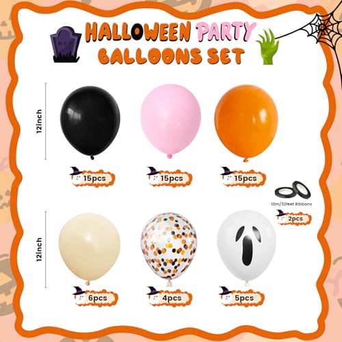 Pink Orange Halloween Balloons Set - 60 Pcs for Party Decorations, Latex & Confetti