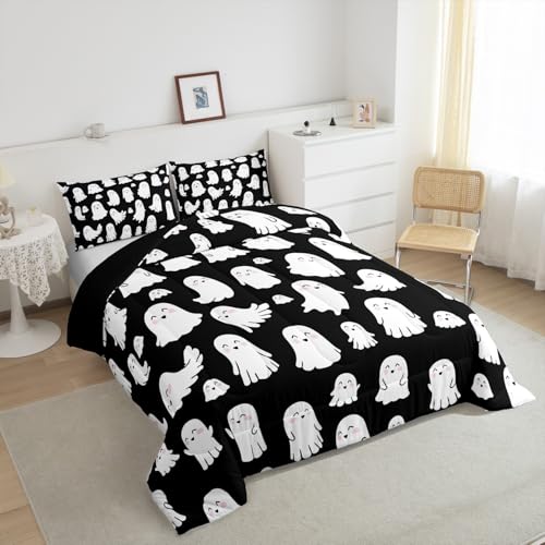 Halloween Ghost Comforter Set - Cute White Spooky Bedding for Kids & Teens Queen Variation 064