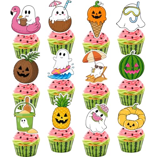 Summer Halloween Cupcake Toppers Set - 24 Assorted Beach & Ghost Designs for Birthday & Party Decor