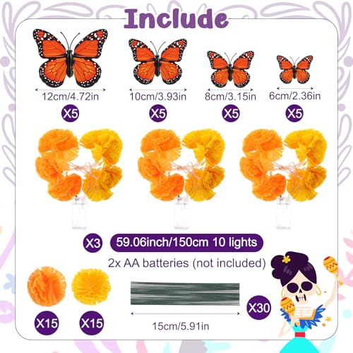 Marigold Flower String Lights & Butterfly Decorations for Day of the Dead Celebrations