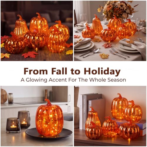 Glass Pumpkin Lights Set - 6 Orange Gold Mercury Glass Decor with Timer