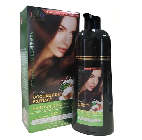 Shampoo con Tinte de Aceite de Coco – Negro Natural – 500 ml – Fórmula 6 en 1 – Sin Amoníaco