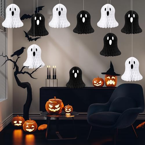 Halloween Ghost Decorations - 10 Black and White Honeycomb Hanging Decor