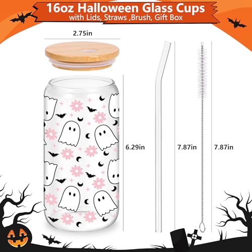 16oz Halloween Ghost & Bat Glass Drinking Bottle with Lid & Straw - Pink & Spooky Decor