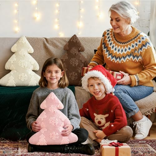 Christmas Tree Pillows Set of 2 - Snowflake & Tree Holiday Decor 16x18 Inch Pink