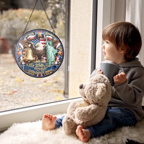 Stained Glass Window Hanging - USA Independence Suncatcher with American Flag Variation