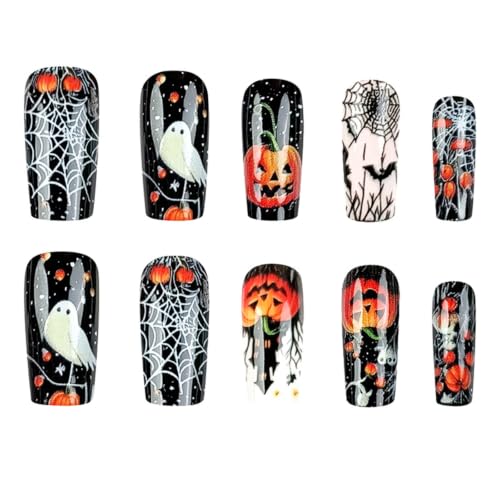 Halloween Press-On Nails Long Square Fake Nails with Ghost Pumpkin Spider Web Bat Designs - Black White Orange, 24Pcs - Variation 4