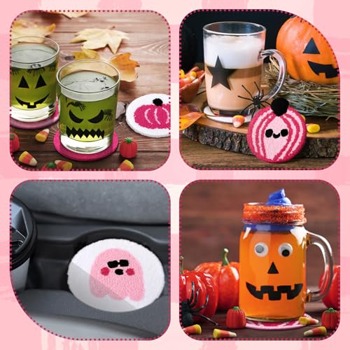 Halloween Tufted Coasters Set - Pink Ghost Pumpkin Drink Mats, 8 Pack