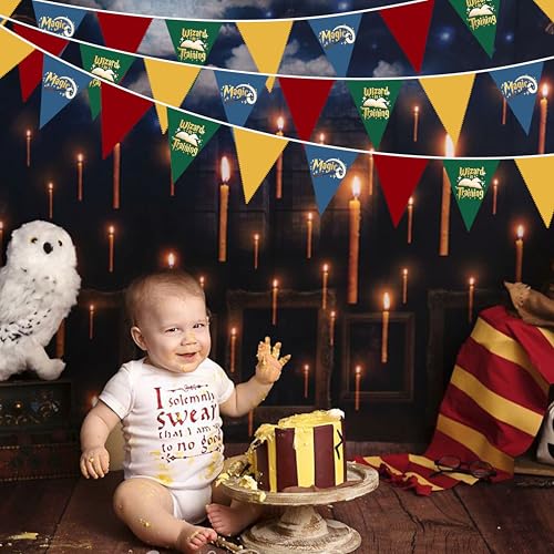 Magical Wizard Party Banner Set - Red Green Blue Yellow Fabric Pennants with Wizard Elements - Variation of Magic