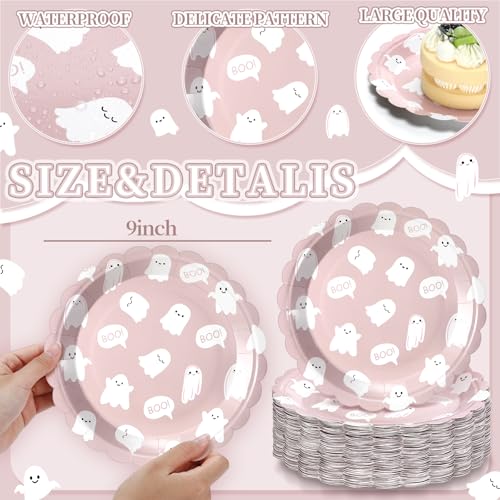 Pink Ghost Boo Halloween Disposable Plates 9 Inch - 100 Pack