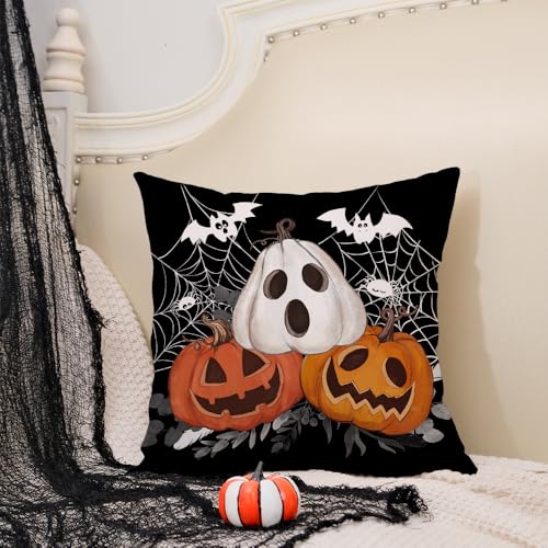 Halloween Pillow Cover 20x20 inch Jack-o'-Lantern Bat Web Farmhouse Decor - Black