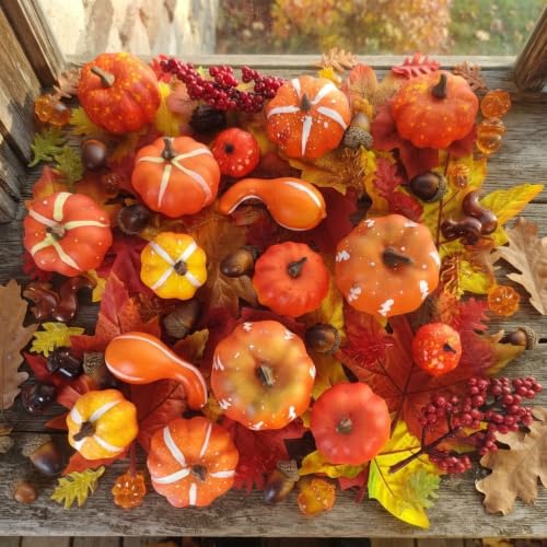 Mini Fall Pumpkin Decor Set - 125 Pcs Artificial Pumpkins & Accents with Mixed Sizes