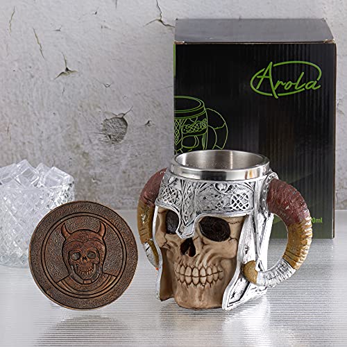 Viking Skull Mug with Coaster Design-2 17oz Stainless Steel Drinkware - Medieval Beer & Coffee Mug