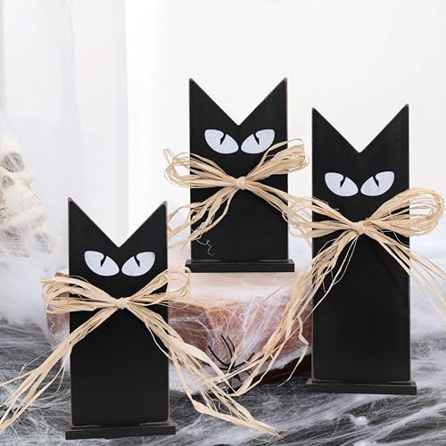 Set of 3 Rustic Wooden Black Cat Halloween Decor – Tiered Tray Farmhouse Accents