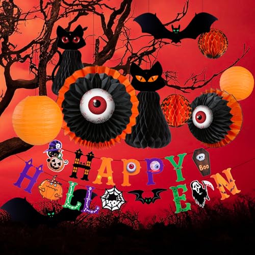 Halloween Paper Lantern Decorations Set with Black Cat Eyeball Bats Banner - Indoor Party Props