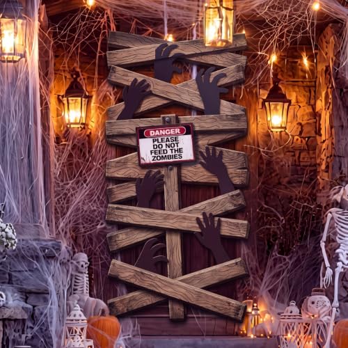 Halloween Haunted Window & Door Decoration Set with Zombie Hands and Warning Sign
