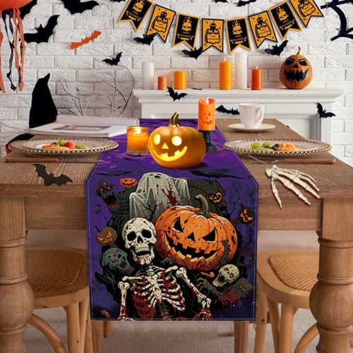 Purple Halloween Pumpkin Table Runner 13x72 Inches Spooky Decor for Dining