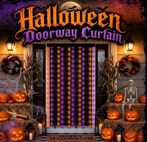 Halloween Spider Curtain Fringe Set - Orange Purple Black Door Backdrop 2 Pack