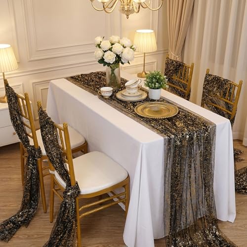 Black Gold 6-Piece 10FT Sheer Gauze Chiffon Tulle Sequin Table Runner Set
