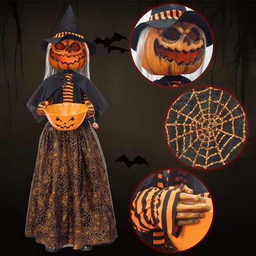 Animated Pumpkin Scarecrow with Candy Bowl Halloween Decoration - Sound Activated, Lights & Singing - 4.5ft - Pumpkin Scarecrow Variation
