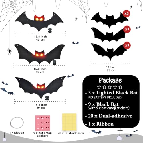 Lighted Halloween Hanging Bats - 9 Black Flying Bats + 3 LED Lighted Bats Outdoor Indoor Decor