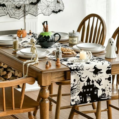 Halloween Table Runner 13x72 Inch Spooky Black Linen Decor for Home