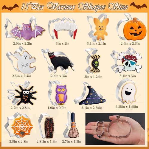 15 Pcs Halloween Cookie Cutters Set - Stainless Steel Ghost Pumpkin & More Shapes