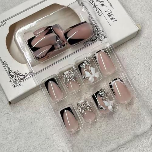 Medium Square Fake Nails with Silver Bead & 3D Star Charms - Glossy Reusable Press-On Nails for Women