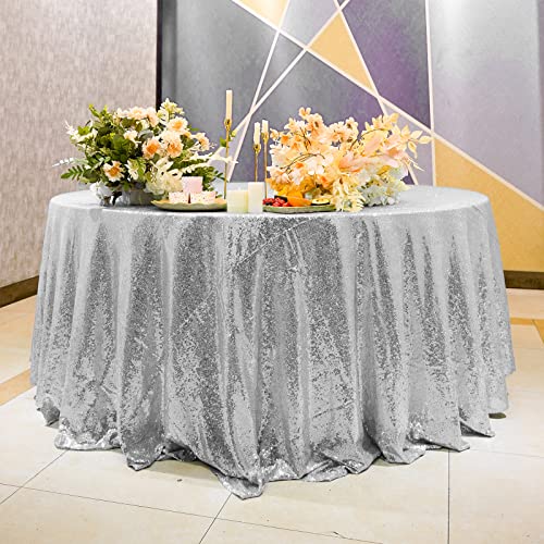 Silver Sequin Round Tablecloth - 132 Inch Glitter Cover for Weddings & Events