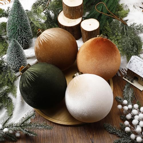 12-Pack Large Velvet Christmas Ornaments - Flocked Shatterproof Xmas Tree Balls - 6 Inch Green & Brown Variation