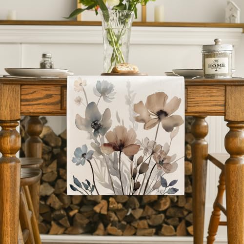 Brown Poppy Floral Leaves Spring Table Runner 13x120 Inch for Dining & Home Decor
