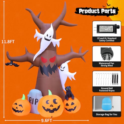 12 Ft Halloween Inflatable Tree with Pumpkins Ghost Tombstones LED Lights Outdoor Decor