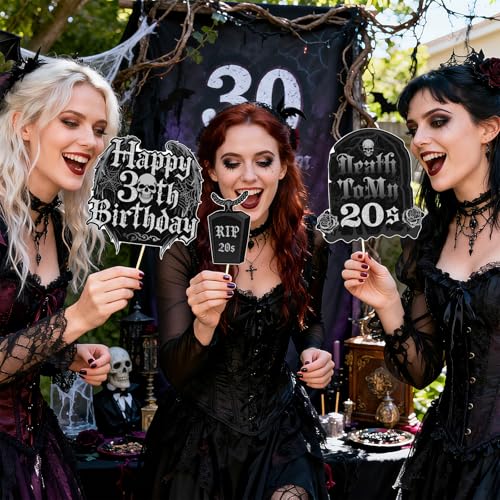 Gothic Style 30th Birthday Photo Booth Props - 20 Pack Dark Color Party Decorations