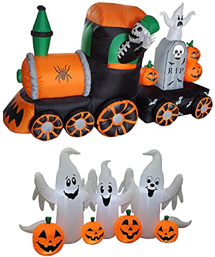 Inflatable Halloween Skeleton on Train & Ghosts Set - Indoor Outdoor Decor