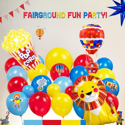 Carnival Theme Birthday Party Decorations Set - Red & Yellow Balloons, Foil Hot Air Balloons, Striped Banner, Backdrop & Signboard - Variation of THIS listing