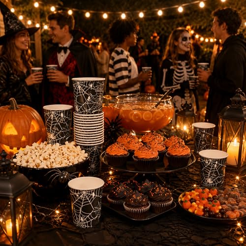 Halloween Disposable Paper Cups 9oz Spiders Web Design Black White 100 Pack - Party Supplies