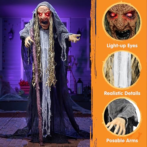 Gray Halloween Animatronic Hunchback Witch with Lights & Creepy Sounds - Outdoor & Indoor Decor